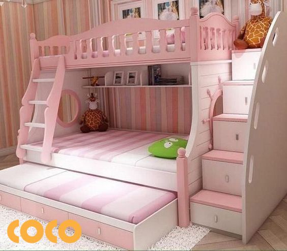 giường ngủ 2  tầng cho bé gái màu hồng